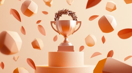 Gold trophy with laurel wreath on pastel orange podium, surrounded by falling geometric shapes and leaves.