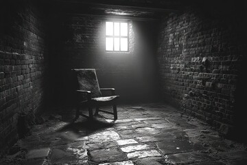 Lonely chair in a dark, brick room.