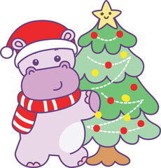 Cute hippo vector icon with christmas theme. Funny baby hippo animal christmas illustration.