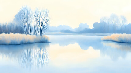 Serene winter lake reflection, misty morning landscape, tranquil nature scene, ideal for calendar or print