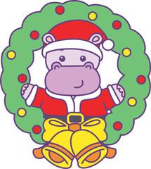 Cute hippo vector icon with christmas theme. Funny baby hippo animal christmas illustration.