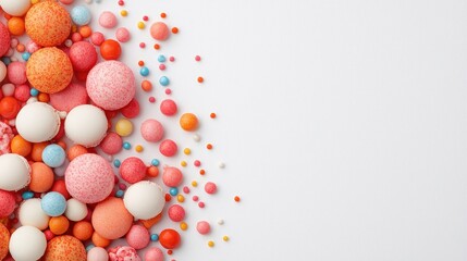 Obraz premium Colorful assortment of decorative edible balls and sprinkles on a white background, perfect for celebrating parties, baking, and enhancing desserts with vibrant textures