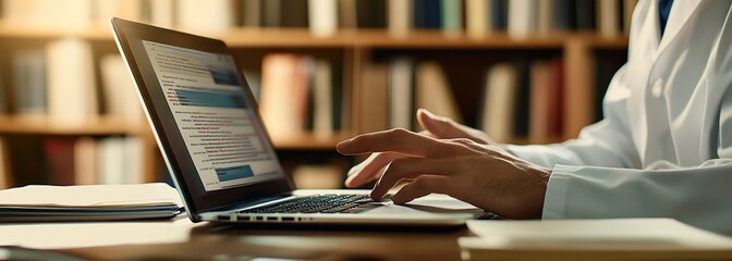 Close-up of hands typing on laptop in library.