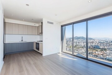 Modern apartment with city view, kitchen, and floor-to-ceiling windows.