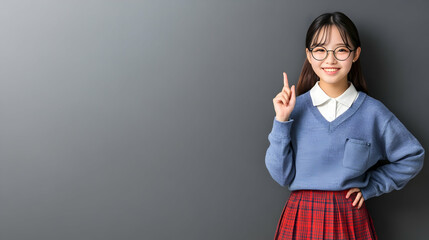 Smiling student pointing up, gray background, idea concept, education advertising