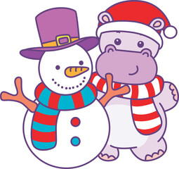 Cute hippo vector icon with christmas theme. Funny baby hippo animal christmas illustration.