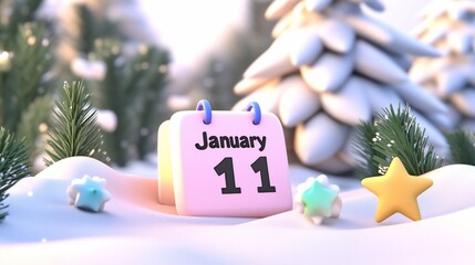 January 11th calendar in snowy winter scene with stars.