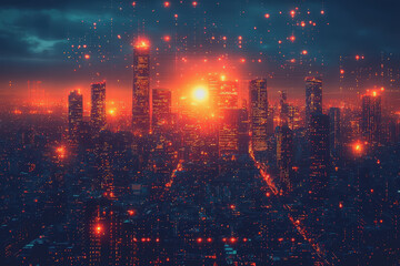 Fototapeta premium Night view of a vibrant city skyline filled with illuminated buildings and bright lights showcasing urban architecture and city life