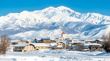 Snowy mountain village winter landscape, picturesque houses, clear sky, ideal for travel brochures