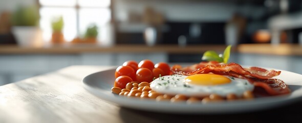 Delicious fried egg, bacon, beans, and tomatoes breakfast on a plate.