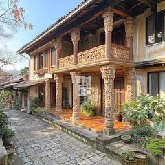 Obraz premium Ornate columns support a balcony on an old stone building.