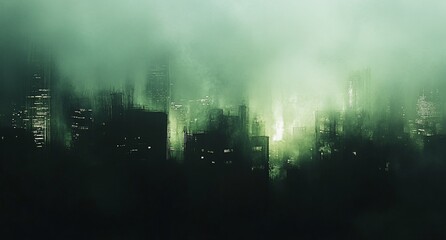 Obraz premium Green fog shrouds a city skyline at night, creating a mysterious and ominous atmosphere.