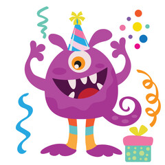 Funny birthday monster vector cartoon illustration