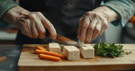 Elderly hands slicing tofu on wooden board with carrots and herbs.