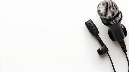 Obraz premium Studio microphone and lavalier mic on white background, copy space, podcasting setup