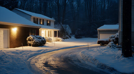 Suburban street at night during snowfall, houses illuminated, quiet winter scene, perfect for holiday or winter themed designs