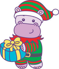 Cute hippo vector icon with christmas theme. Funny baby hippo animal christmas illustration.
