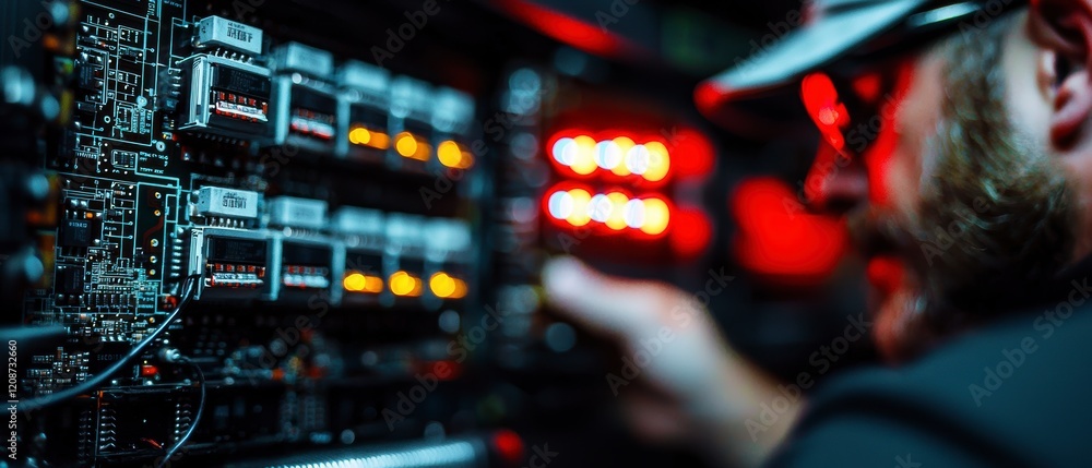 Poster technician working on server rack close up circuit board neon lights data center techn