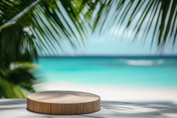 Obraz premium Wooden platform on beach with palm leaves.