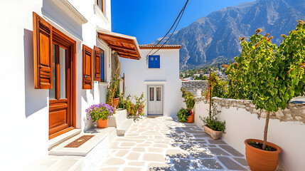 Sunny Greek village courtyard, mountain backdrop, flowers, travel destination