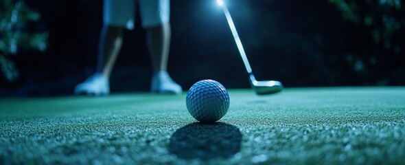 Night golf scene close-up of golf ball on green with blurred golfer and club.