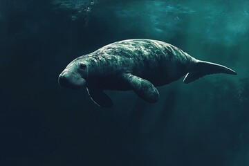A manatee gracefully swims in dark teal water, sunlight filtering from above.