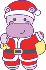 Cute hippo vector icon with christmas theme. Funny baby hippo animal christmas illustration.