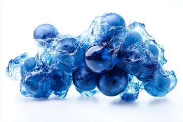 Close-up of blue grapes encased in translucent gel, isolated on white.