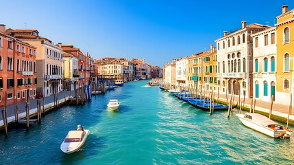 Fototapeta premium Sunny Venice canal, boats, colorful buildings, clear sky, travel postcard