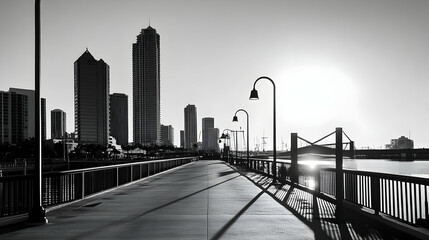 Sunrise cityscape waterfront promenade, city skyline background, peaceful morning walk, urban landscape photography