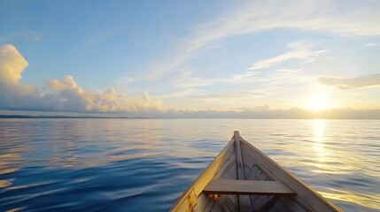 Sunrise boat ride, calm ocean, tropical island background, travel adventure