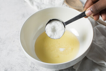 Overhead view of white sugar, top view of granulated sugar