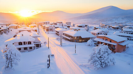 Sunrise over snow-covered mountain village.  Winter landscape, aerial view. Ideal for travel brochures