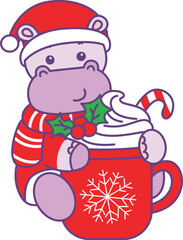 Cute hippo vector icon with christmas theme. Funny baby hippo animal christmas illustration.