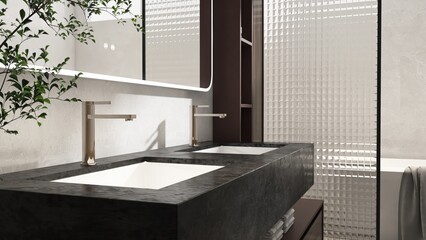 Black vanity bathroom counter with white washbasin, chrome faucet, mirror, glass partition to bathtub for luxury beauty, cosmetic, skincare, toiletries product background 3D