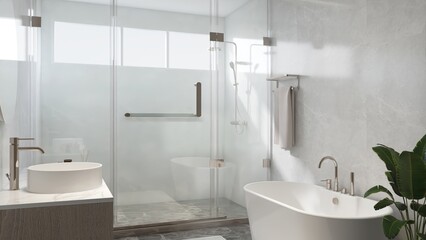 Modern, luxury bathroom with marble vanity counter, white washbasin, round mirror, glass partition to shower enclosure, bathtub, for interior design decoration, toiletries product background 3D