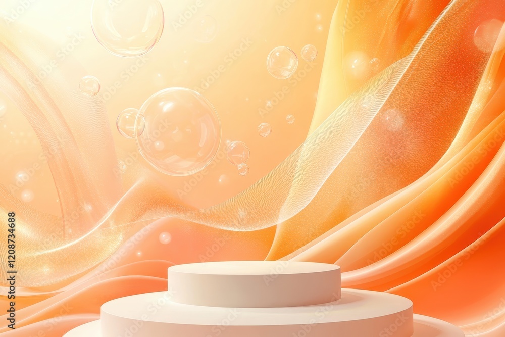 Poster abstract orange background with white podium and floating bubbles. perfect for product display, cosm