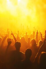 Silhouetted crowd at a concert with raised hands enjoying the show under bright yellow stage lights.