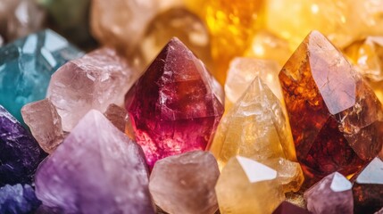 Fototapeta premium Vibrant close-up of colorful crystalline gems and minerals.