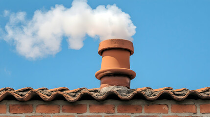 Terracotta chimney emitting steam against a clear blue sky, atop a rustic brick building. Ideal for energy efficiency or home improvement