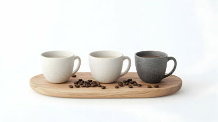 Three coffee cups on wooden tray, coffee beans scattered, white background; perfect for cafe menu or coffee advertisement