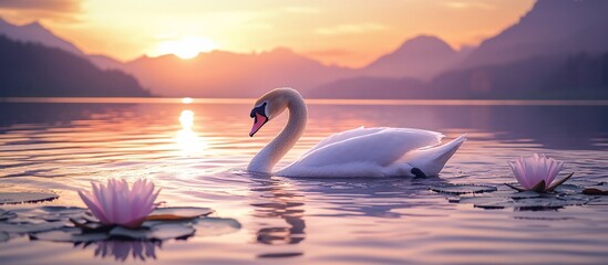 Fototapeta premium Serene swan floats on calm lake at sunset, pink water lilies.