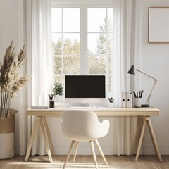 Minimalist home office with computer, desk, chair, and natural light.