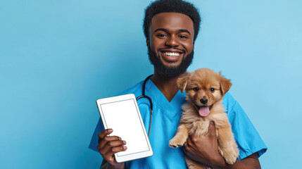 A positive black man in a blue nurse's shirt and with a stethoscope around his neck holds a tablet with a white screen and a cute puppy. Mockup of a tablet for the presentation of a veterinary website