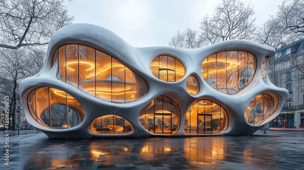 Poster organic architecture: a futuristic building design in urban setting