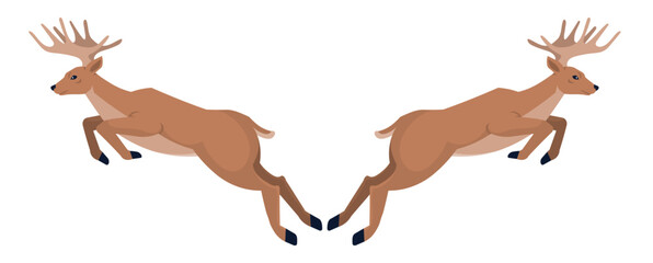 Two deer with antlers are leaping in opposite directions, creating a symmetrical design. Ideal for nature themes, wildlife conservation, outdoor adventure, forest life, and animal behavior studies