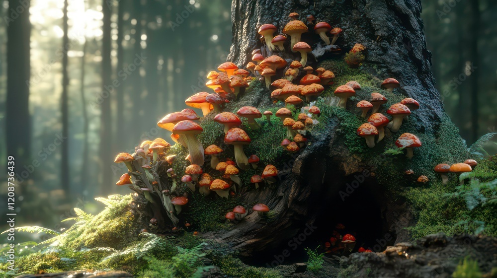 Poster vibrant cluster of different types of mushrooms is growing from an old tree trunk covered with green