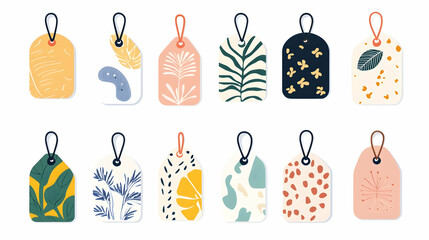 Twelve colorful gift tags with nature-inspired designs, isolated on white; perfect for branding or crafting projects