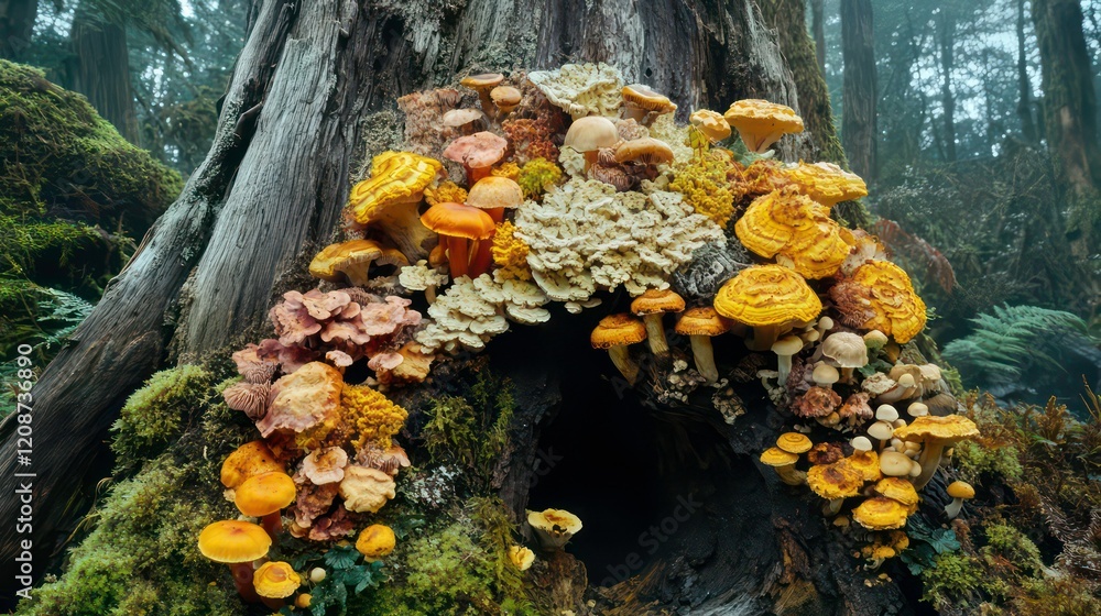 Poster vibrant cluster of different types of mushrooms is growing from an old tree trunk