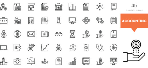 A collection of 45 line icons representing various accounting elements and concepts.